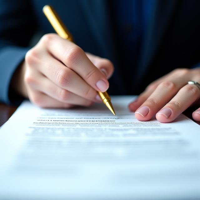 A professional legal expert analyzing a detailed music contract with a gold pen